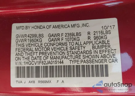 2018 Honda Accord Ex-L from USA, damaged, VIN 1HGCV1F62JA015144
